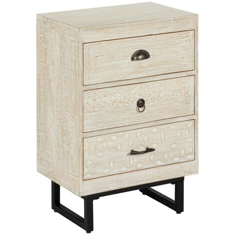 Atmosphera – Table de chevet 3 tiroirs en métal et bois de manguier sculpté – Dimensions L. 49 cm x P. 33 cm x H. 73 cm – Design unique (1/8)