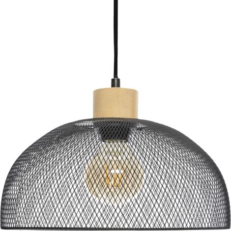 Atmosphera – Suspension en métal noir et bois D 30 cm – Abat-jour grillagé pour ambiance industrielle – Compatible ampoule E27 jusqu'à 40W (1/10)