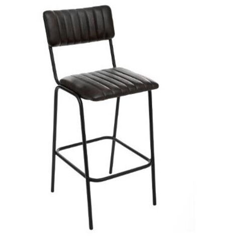 Atmosphera – Tabouret de bar en cuir pleine fleur noir – Structure en fer – Hauteur assise 73 cm – Repose-pieds H. 27 cm – Ambiance vintage (1/4)