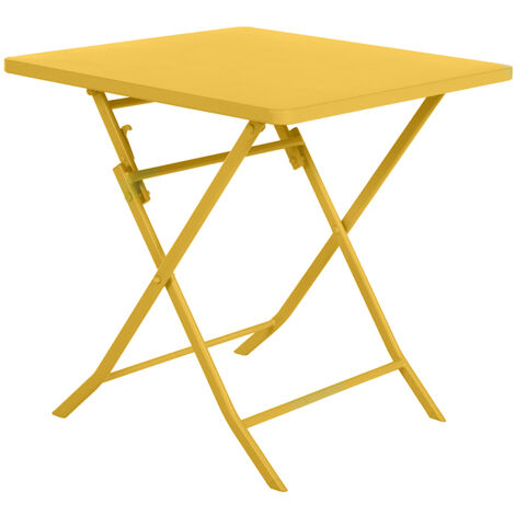 Hesperide – Table pliante carrée 70x70cm 2 places jaune moutarde – Acier traité époxy résistant aux UV – Pour balcon et jardin