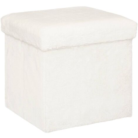 Atmosphera – Pouf pliant carré effet fourrure blanche – Dimensions 38x38x38 cm – Rangement intégré – Assise rembourrée en mousse PU