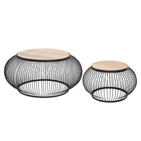 Atmosphera – Set de 2 tables basses gigognes en bois de manguier et métal noir – Dimensions S : D. 57,5 x H. 33,5 cm, M : D. 90 x H. 41,5 cm (1/5)