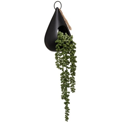 Atmosphera – Plante verte artificielle suspendue H 50 cm – Pot en dolomite noir – Corde en jute – Décoration intérieure tendance