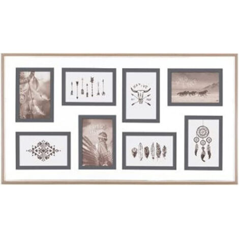 Atmosphera – Pêle-mêle 8 photos en bois MDF et verre 69 x 39 cm – Cadre décoratif pour galerie personnelle – Accroche murale ou sur meuble - BOIS 69 X
