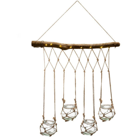 Set 4 Soliflores en Verre avec Suspension corde et Bois de sapin avec éclairage LED - Atmosphera (1/5)