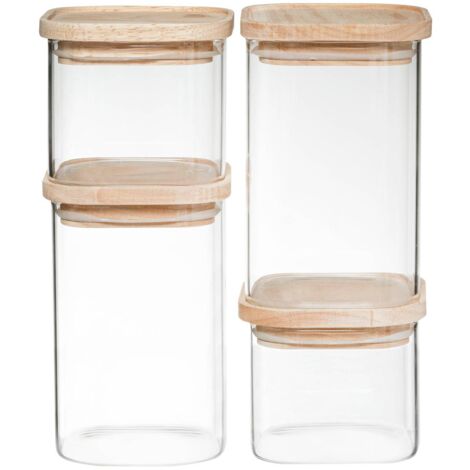 5Five Simply Smart – Lot de 4 bocaux en verre borosilicate empilables hermétiques – Couvercle en bois – Dimensions 10x8,2cm et 10x15,2cm – Rangement alimentaire