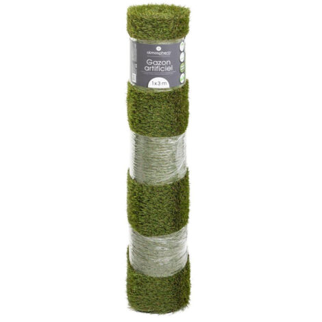 Atmosphera – Rouleau de gazon synthétique 1 x 3 mètres – Épaisseur 3.3 cm – Polyéthylène avec arrière en caoutchouc naturel – Aspect naturel