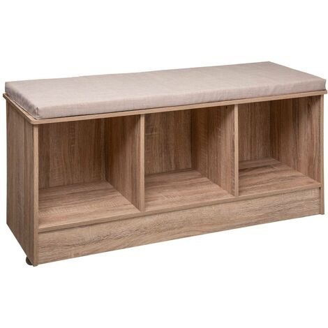 Banc d'entrée avec rangement finition bois clair chêne avec coussin  banquette grège L100 cm GUMBY