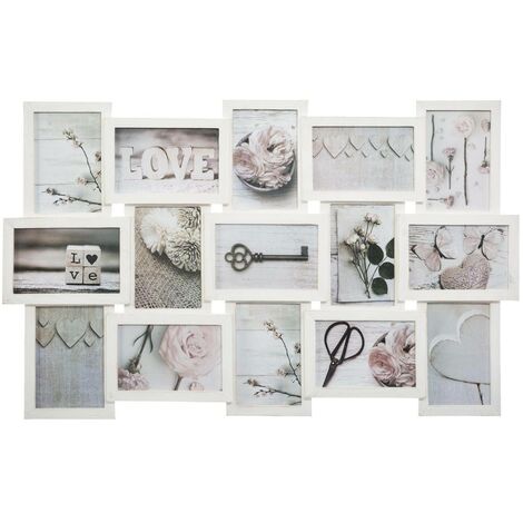 Atmosphera – Cadre pêle-mêle 15 photos en bois de pin patiné 72,4 x 44,8 cm – Capacité 15 photos – Décoration murale romantique