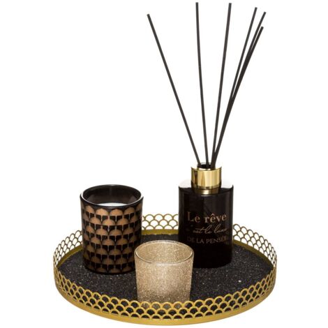 Atmosphera – Coffret senteur plat dorure – Bougie parfumée en verre – Diffuseur avec 6 bâtonnets – Plateau métal D. 22 cm – Atmosphère chaleureuse