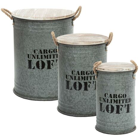 Atmosphera – Lot de 3 coffres en métal gris Loft – Dimensions : D. 27/33,5/40 x H. 41/46,5/51,5 cm – Couvercle en bois de sapin – Poignées en chanvre