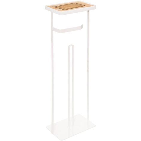 5Five Simply Smart – Dérouleur papier toilette métal blanc avec réserve bois – Support téléphone intégré – Dimensions 18x12x59,2 cm – Installation facile