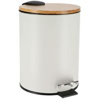Tendance – Poubelle de salle de bain 3L en métal blanc avec couvercle en bambou – Système de frein de chute – Dimensions 17 x 20.5 x 23.5 cm