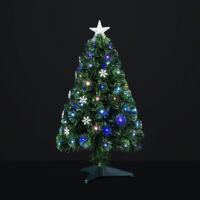 Sapin lumineux en fibre optique 120 cm – 136 branches – 18 flocons lumineux multicolores – Pour petits espaces intérieurs