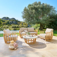 Hesperide – Salon de jardin 5 places en eucalyptus FSC et polyester déperlant – Confort optimal avec coussins épais – Facilité d'entretien