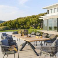 Hesperide – Table de jardin 10 places en acacia – Structure traitée époxy – Plateau verni résistant aux UV – Design contemporain pour terrasses