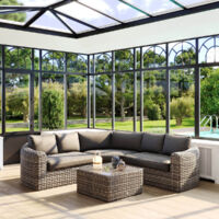 Hesperide – Salon d'angle de jardin 5 places en aluminium traité époxy – Résine tressée – Table basse en verre trempé – Résistant aux intempéries
