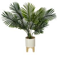 Atmosphera – Plante verte artificielle palmier 72 cm – Pot en céramique blanche avec support bois – Décoration intérieure et extérieure