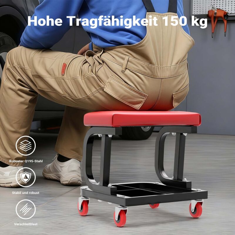 Tabouret De Mécanicien Roulant WilTec - Plateau Rangement, 4 Roulettes, Capacité 120kg