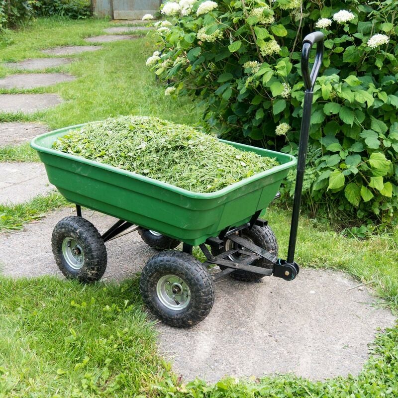 Chariot de jardin à main benne basculante 75° 75L charge max. 200 Kg 4  roues pneumatiques acier PP jaune vert