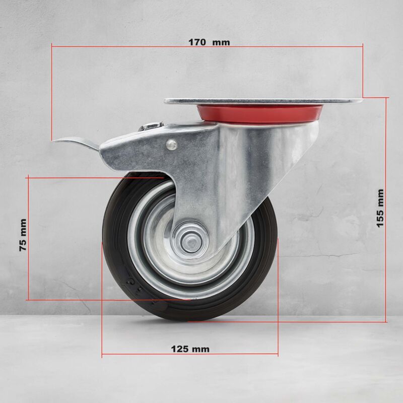 4 Roulettes Pivotantes 100mm Avec Frein - Roulettes Industrielles Caoutchouc 480kg Charge Tige M11