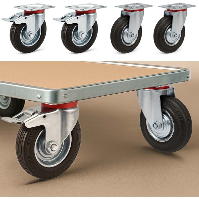 Kit De 4 Roulettes WilTec 125mm - 2 Pivotantes Avec Double Butée + 2 Fixes - Charge 100kg/roue