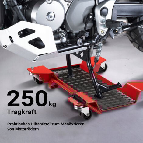 Wiltec Rane moto Chariot roulant Moto Déplacement Rail 60 x 42 x 7,5 cm Rouge Aide à manœuvre Stationnement Support Charge jusqu’à 250 kg Range-moto Accessoire Réparation Rangement