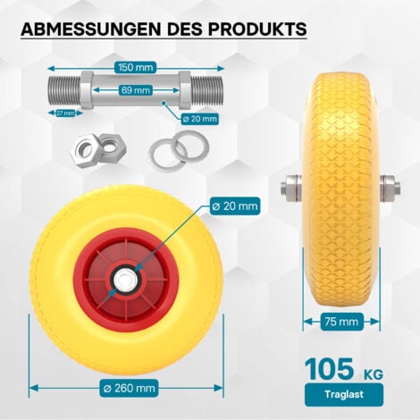 Wiltec Roue complète increvable 3.00-4 pour Diable – 260 x 75 mm – en PU / Polyuréthane – profil rainuré – Capacité de charge max. 105 kg – pour Brouette Chariot