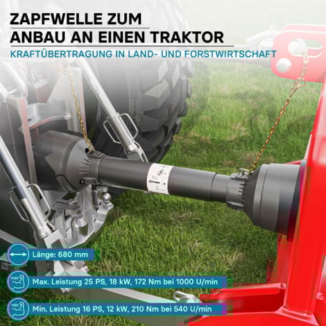 Arbre de transmission T1 Cardan 680mm 210Nm 540tr/min Prise Force 18kW (25CV) 2x 1 3/8" 6 Dents