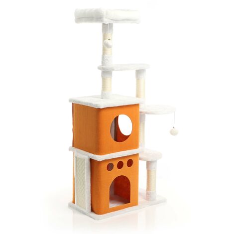 Fudajo – Arbre à chat 125cm avec 2 niches brunes – Grattage sisal 4mm – Zone de couchage peluche – 2 balles de jeu incluses (1/5)