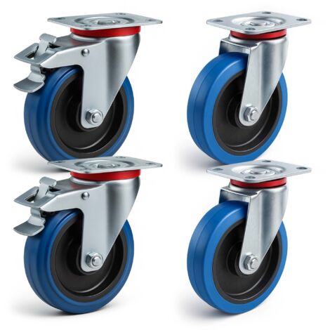 Wiltec Kit de 4 Roulettes – Ø 200 mm – Capacité de charge 350 kg – 2 x Roulette pivotante, 2 x Roulette fixe – Roue en caoutchouc avec Plaque de montage et Frein – Dispositif de transport, diable (1/5)