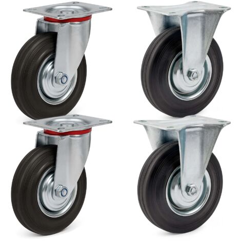 Wiltec Kit de 4 Roulettes – Ø 75 mm – Capacité 50 kg – 2x Roulette pivotante, 2 x Roulette fixe – Roue en caoutchouc avec Plaque de montage Jante métallique – Dispositif de transport, diable (1/5)