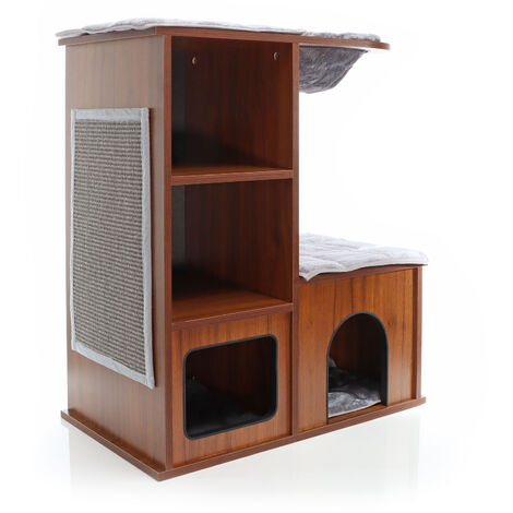 Fudajo – Arbre à chat en bois brun foncé 69x39x80,5 cm – 4 coussins de repos – Tapis de grattage sisal – 2 antres pour chats