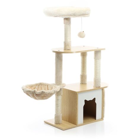 Fudajo – Arbre à chat 106 cm en bois beige – Maisonnette, hamac, griffoir et balle de jeu – Conçu pour le bien-être des chats (1/5)