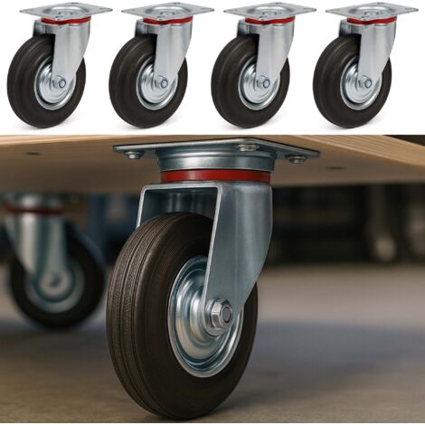 Kit 4 Roulettes 160mm Pour Charge Lourde - 2 Pivotantes, 2 Fixes - Caoutchouc Plein