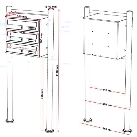 Wiltec Boîte aux lettres sur pieds Gris anthracite 512 x 270 x 1150 mm, avec 3 Compartiments verrouillables et Porte-nom, Revêtement en poudre, pour Courrier
