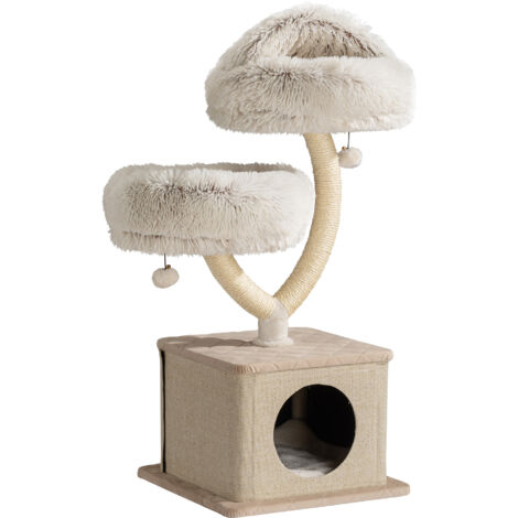 Fudajo Arbre à chat - 95 cm de haut - design « Branche » - Meuble grattage félin peluche - Couleur crème-marron - en Poirier - avec Grotte, niche, sisal et plate-forme