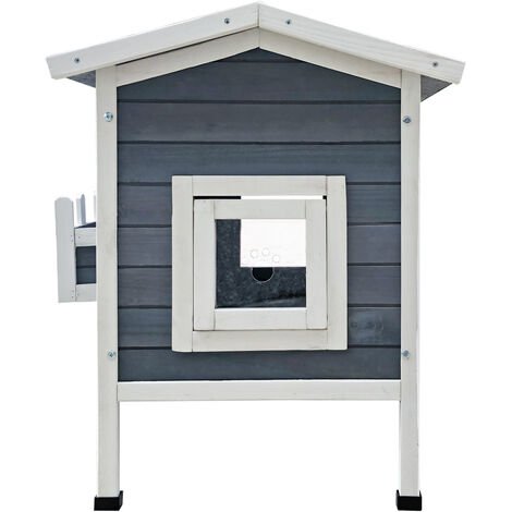 77 x 50 x 73 cm Gris/Blanc dibea Maison/Lodge Cabane en Bois avec Terrasse pour Chat