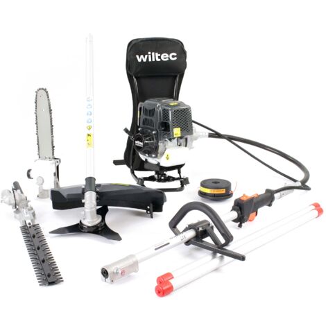 Wiltec – Outil de jardin multifonction motorisé 4 en 1 – Moteur 4 temps 0,9 kW – Longueur 2860 mm – Taille-haies, débroussailleuse, élagueuse