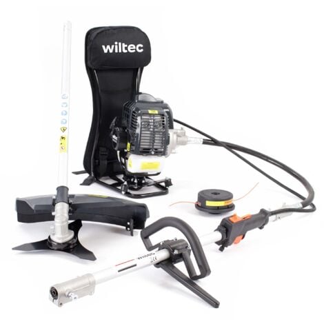 Wiltec Outil multifonction 2 en 1 – 2870 x 370 x 560 mm – Moteur 2 temps à Essence 1,2 l – 1,9 kW – avec Rallonge – Coupe-bordures Coupe-gazon Débroussailleuse Accessoires – Jardinage