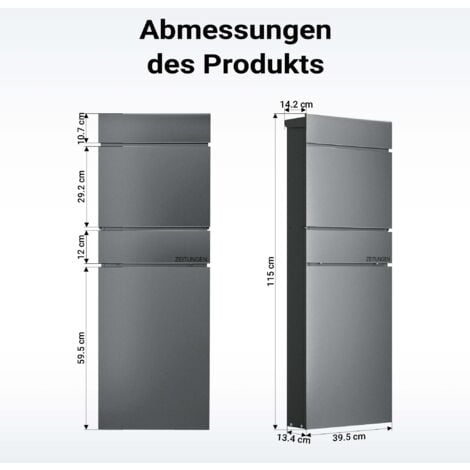 Wiltec Boîte aux lettres et colis avec porte journaux Verrouillable 39,5 x 14,1 x 115 cm Couleur anthracite Usage domestique Courrier Journal