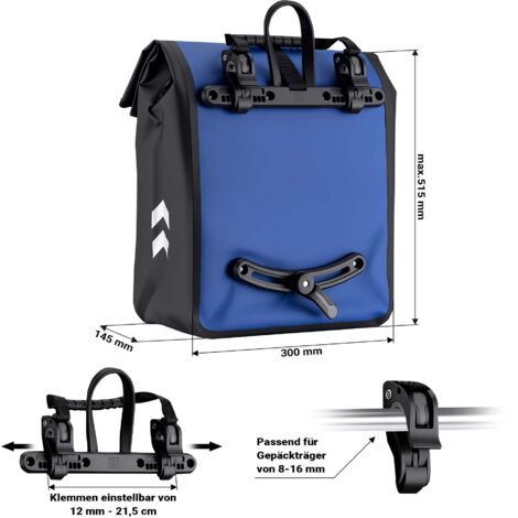 Wiltec Sacoche étanche pour porte-bagages bleue – capacité de 22 L – en PVC – pour vélos et vélos électriques – Sac de bicyclette – Cyclisme, courses, excursions