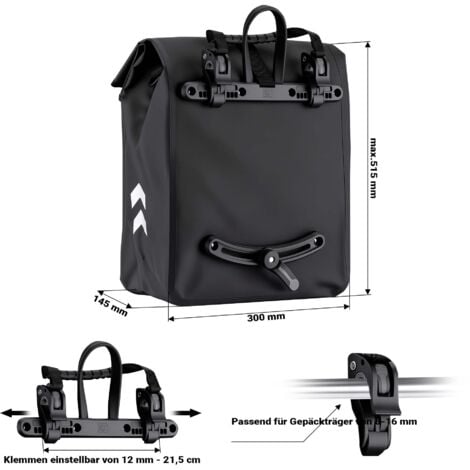 Wiltec Sacoche étanche pour porte-bagages noire – capacité de 22 L – en PVC – pour vélos et vélos électriques – Sac de bicyclette – Cyclisme, courses, excursions