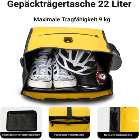 Wiltec Sacoche étanche pour porte-bagages jaune – capacité de 22 L – en PVC – pour vélos et vélos électriques – Sac de bicyclette – Cyclisme, courses, excursions