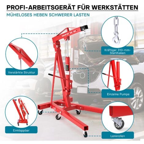 Wiltec Grue d’atelier – Capacité max. 1000 kg – Hauteur max. 1840 mm – Bras levage 857-1133 mm – Chèvre d’atelier en acier – Lève-moteur Hydraulique Pompe double Dispositif de levage