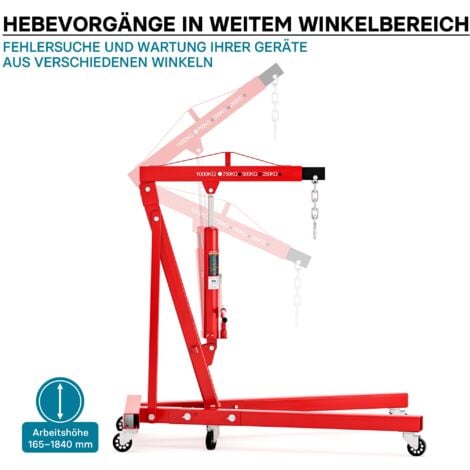 Wiltec Grue d’atelier – Capacité max. 1000 kg – Hauteur max. 1840 mm – Bras levage 857-1133 mm – Chèvre d’atelier en acier – Lève-moteur Hydraulique Pompe double Dispositif de levage