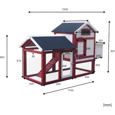 Wiltec Poulailler avec Nichoir, Enclos & Pondoir – 1155 x 520 mm – en Bois sapin – Toit bitumé – avec Grillage et Bac à crottes – Maison pour petits animaux, poules, volaille Clapier