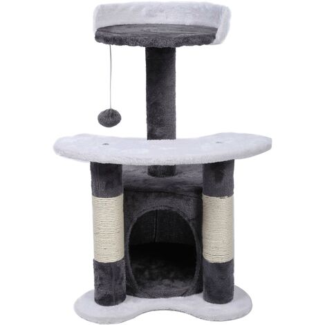 Arbre A Chat 65 Cm Gris Blanc Avec Corde En Sisal Plateforme Niche Et Balle De