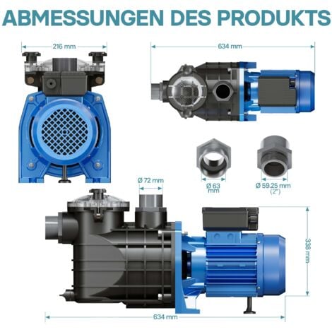 Wiltec Pompe piscine 3000 W – Débit 34800 l/h – Hauteur refoulement 19 m – Pompe de filtration et de circulation pour Filtre Eau – Pool Whirlpool Bain remous Jardin