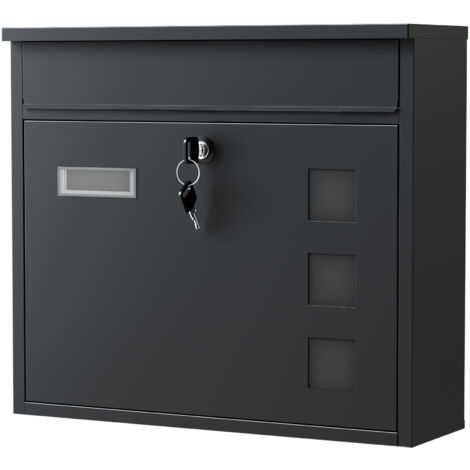 Wiltec Boîte aux lettres murale V12, Verrouillable, Noire, Acier galvanisé, 362 x 115 x 315 mm, avec Clapet, Fenêtres et Porte-nom